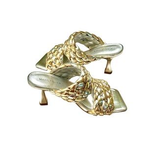 Marc Fisher Statement Metallic Toree Heel Square Toe Puffy Braided Mule Sandals